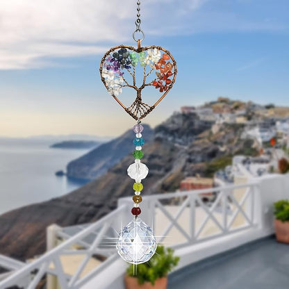 Window Hanging Suncatcher with Crystal, Tree of Life Suncatcher Garden Hanging Rainbow Maker Ornament (Tree of Life-Heart)