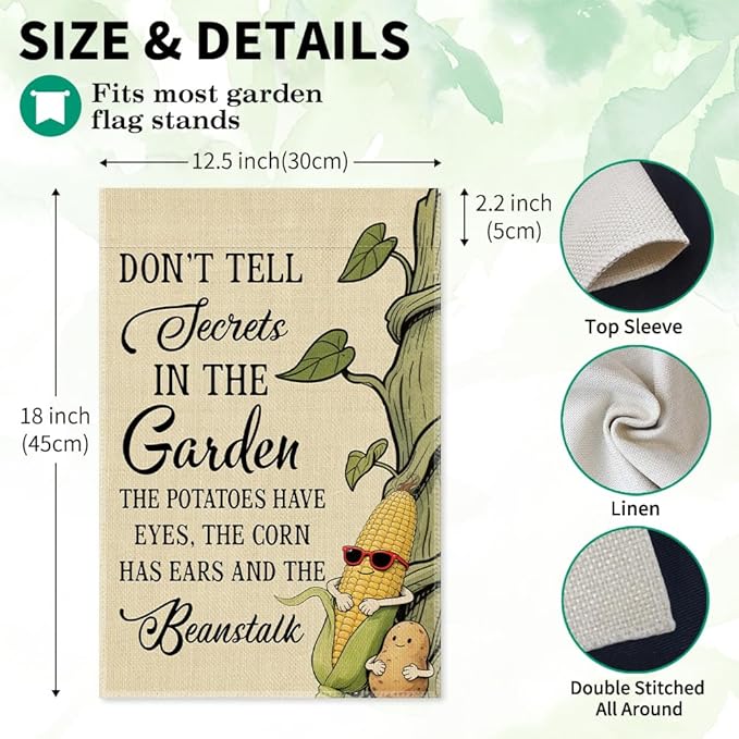 Don’t Tell Secrets In The Garden Flag, Double Sided Farmhouse Outdoor Lawn Yard Flag Gifts, Gardening Flags For Plant Mom Lover Lady Gardener, Funny Potatoe Corn Garden Banner for Grandma