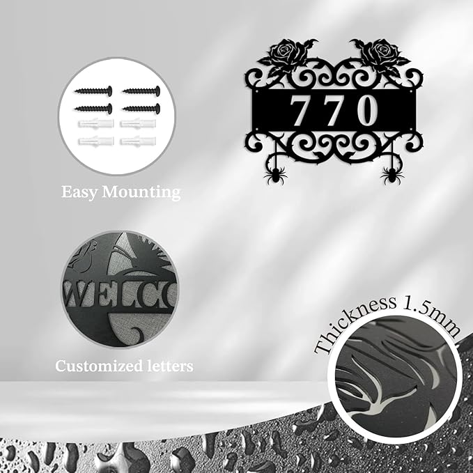 Personalized Gothic House Number metal Signs,Custom Address Number Metal Wall Art Decor,Black Plaques Outdoor wall Decorative Signage,Shed(8-30 Inches) (Rose A)