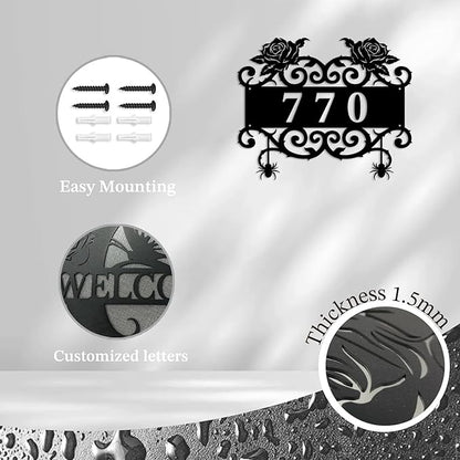 Personalized Gothic House Number metal Signs,Custom Address Number Metal Wall Art Decor,Black Plaques Outdoor wall Decorative Signage,Shed(8-30 Inches) (Rose A)