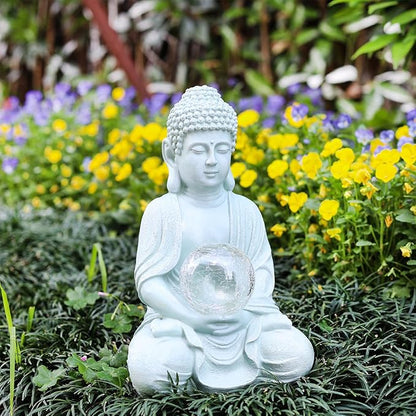 Buddha Garden Statue with Solar Light, Solar Meditating Garden Buddha with Cracked Glass Ball Sculpture-Indoor/Outdoor Decor for Balcony,Patio,Porch Yard Art Ornament,Gift