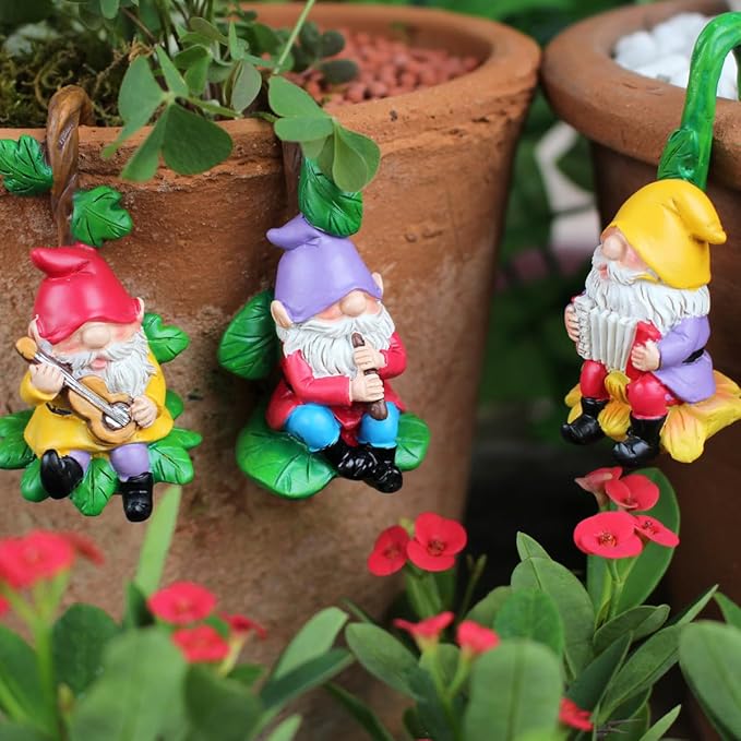 Set of 3 Cute Climbing Gnome Figurines Flower Pot Hugger, Resin Hanging Gnomes Statue Outdoor Decor Fence Ornaments for Patio Lawn Garden Yard (Music Gnome)