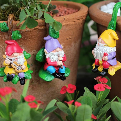Set of 3 Cute Climbing Gnome Figurines Flower Pot Hugger, Resin Hanging Gnomes Statue Outdoor Decor Fence Ornaments for Patio Lawn Garden Yard (Music Gnome)