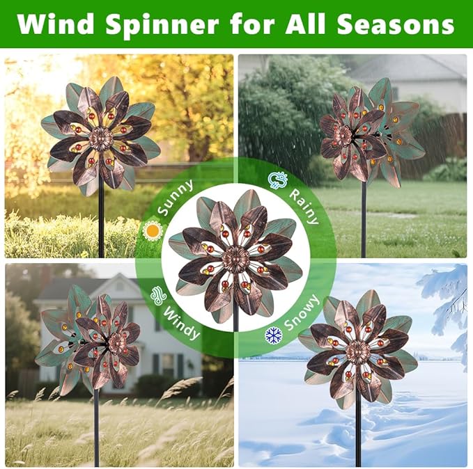 VEWOGARDEN Wind Spinners Outdoor with 2 Blades, Metal Kinetic Wind Spinner with Flower Design for Yard Garden Lawn Decorations