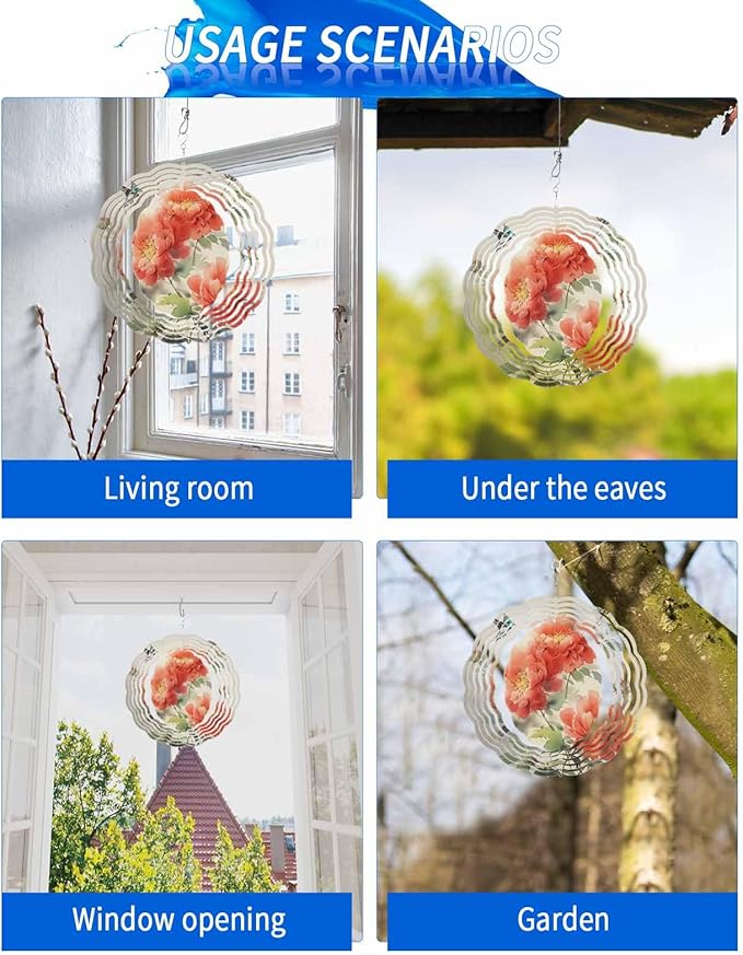 Stainless Steel Wind Spinner for Yard Garden Decoration, Vintage Watercolor Red Hibiscus Leaves Bird Round Wind Sculpture Spinner 3D Crafts Hanging Ornaments for Indoor Outdoor 8 Inch