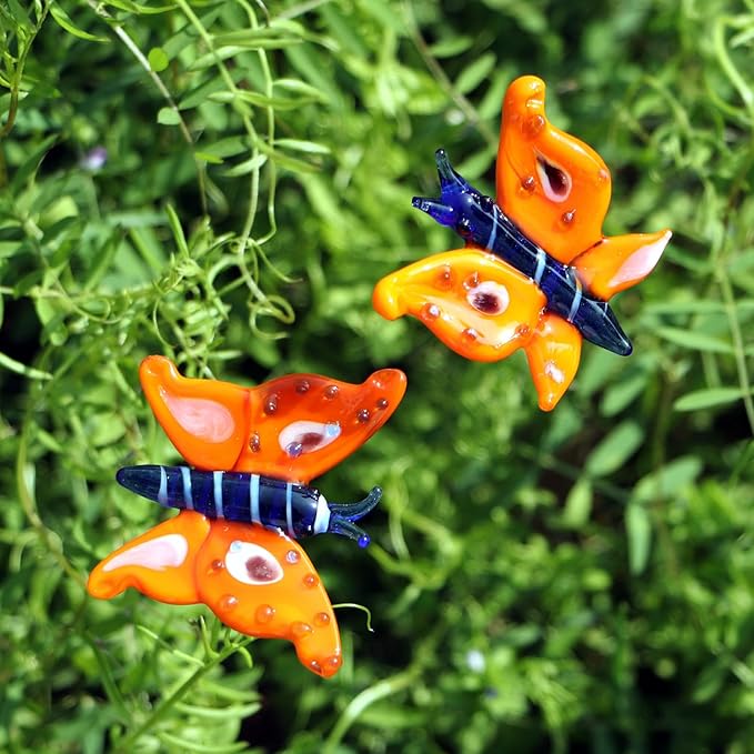 Crystal Insect Glass Outdoor Decorative Garden Stakes Hand-Blown Artificial Flower Potted Succulent Plant Ornaments 2PCS Butterfly Decor