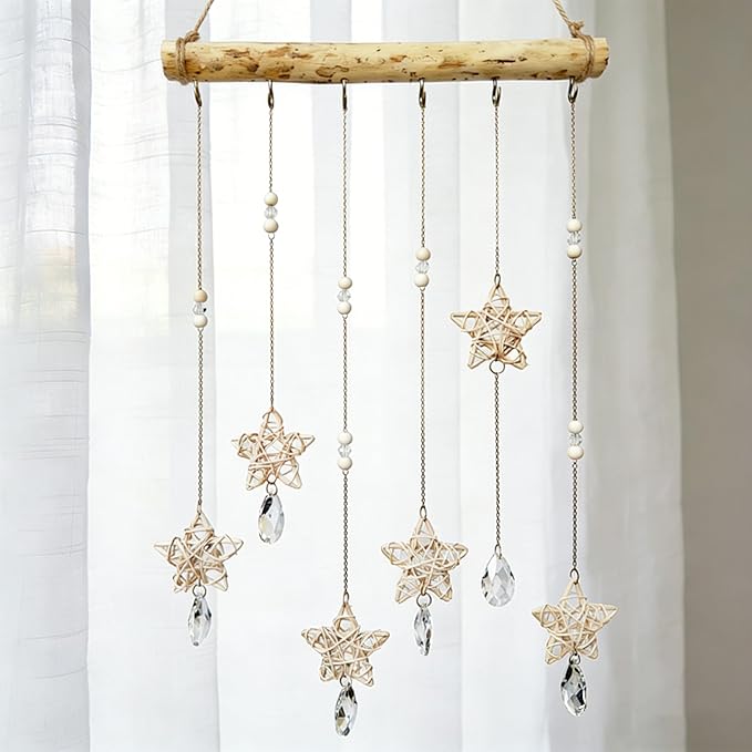 Sun Catcher Indoor Window Rattan Stars and Crystal Suncatcher for Windows Hanging Boho Home Wall Whimsical Decor