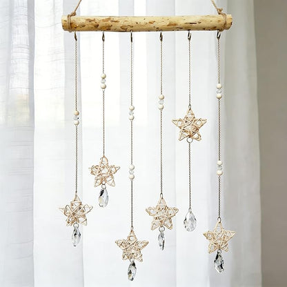 Sun Catcher Indoor Window Rattan Stars and Crystal Suncatcher for Windows Hanging Boho Home Wall Whimsical Decor