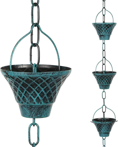 Rain Chains for Gutters, Outside Downspouts Metal Rain Catcher Diverter, 8.5 Ft Retro Rain Chains Decorative with Hook and 12 Metal Cups for Windowsill Garden Patio
