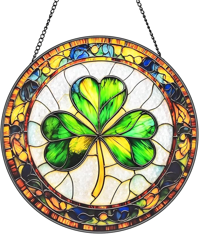 Ireland Shamrock Stained Glass Window Hanging Suncatcher with Chain - 7.9" Clover Outdoor/Indoor Art Decor for Home Garden, St. Patrick's Day, Mother's, Valentine's & Irish Ornaments Present