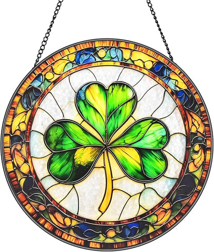 Ireland Shamrock Stained Glass Window Hanging Suncatcher with Chain - 7.9" Clover Outdoor/Indoor Art Decor for Home Garden, St. Patrick's Day, Mother's, Valentine's & Irish Ornaments Present
