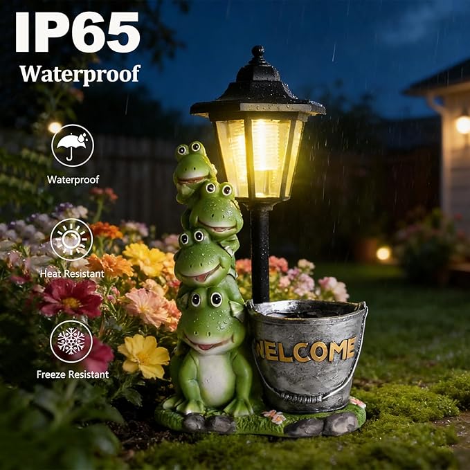 VEEKI Frog Garden Statue Outdoor, Solar Frog Figurine with Lantern and Flowerpot, Resin Frog Decor for Garden Patio Yard Lawn Ornament, Housewarming Birthday Gifts for Women Mom Grandma