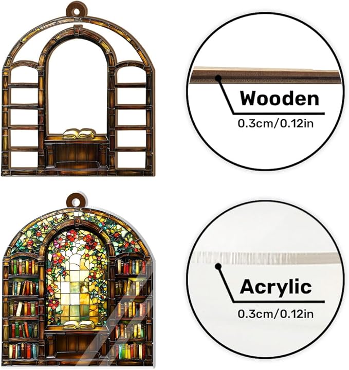 Jesuspirit - Window Hanging Suncatcher – Crystal Clear Acrylic & Wood Sun Catcher for Home Decor, for Women (Library Bookshelf, 8 Inches)
