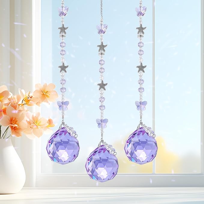Crystal Suncatcher Hanging Purple Glass Sun Catcher Butterfly Glass Beads 40mm Prism Ball Pendant for Windows, Garden Decor Rainbow Maker Gifts for Christmas