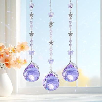 Crystal Suncatcher Hanging Purple Glass Sun Catcher Butterfly Glass Beads 40mm Prism Ball Pendant for Windows, Garden Decor Rainbow Maker Gifts for Christmas