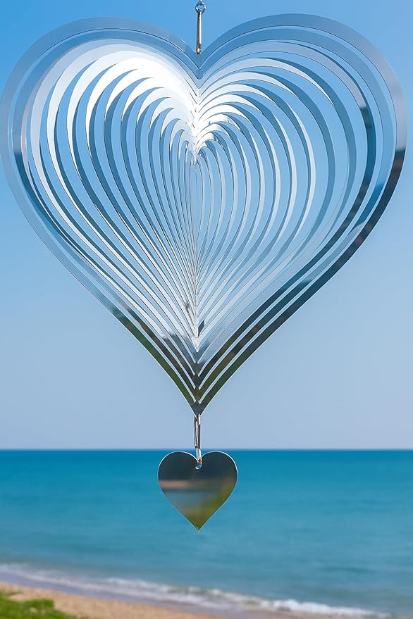3D Stainless Steel Wind Spinner – 11.8" Hanging Garden Wind Spinner for Outdoor & Indoor Decor | Kinetic Metal Yard Art for Patio, Balcony, Porch or Living Room - Easy Installation (Heart)