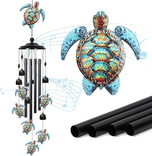 Sea Turtle Wind Chimes Outdoor with 4 Aluminum Tubes 36" Decorative Turtles Gifts for Women Rustic Design Hanging Wind Chime for Outside with Ring Home Decor for Garden Patio Yard Window