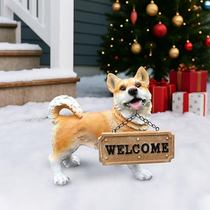 Dog Garden Statue with Solar Lantern & Welcome Sign, Lifelike Shiba Inu Outdoor Yard Art Sculpture, Resin Puppy Figurine Decor for Patio, Porch, Lawn, Gifts for Dog Lovers (9.8 Inch)
