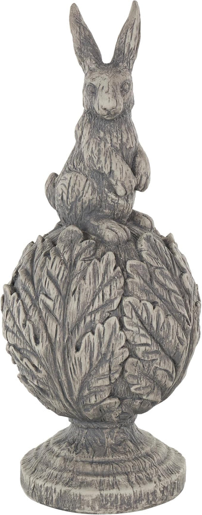 Deco 79 Polystone Rabbit Textured Sculpture with Leaf Covered Round Base, 8" x 8" x 20", Gray