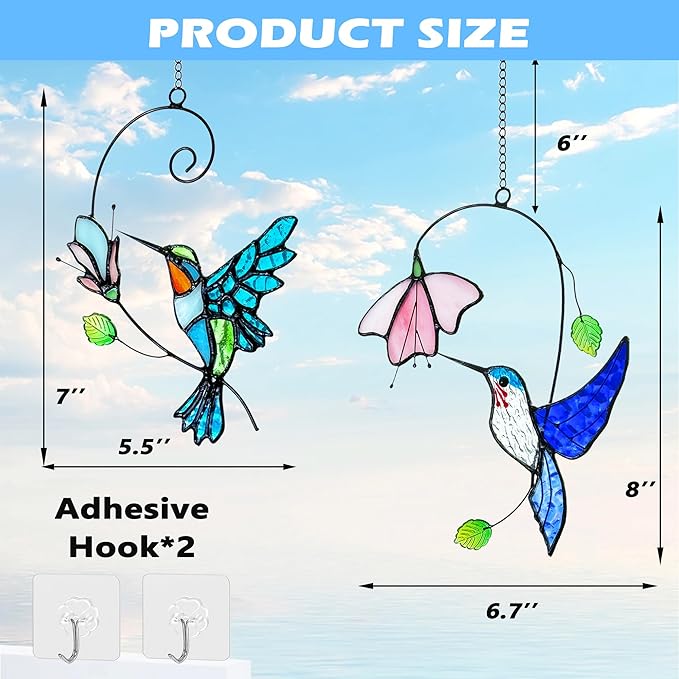 2 Packs Hummingbird Stained Glass Window,Stained Glass Window Hanging,Hummingbird Ornament,Handmade Real Suncatchers Decor for Women Mom Grandma Bird Lovers