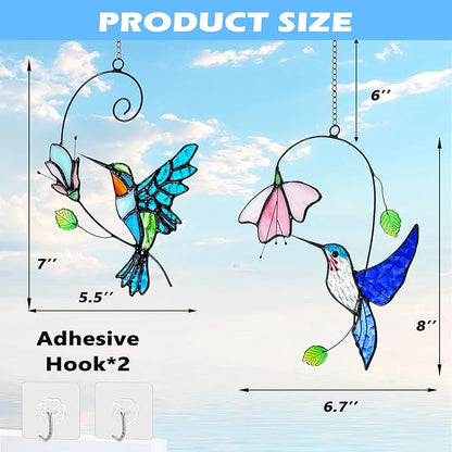 2 Packs Hummingbird Stained Glass Window,Stained Glass Window Hanging,Hummingbird Ornament,Handmade Real Suncatchers Decor for Women Mom Grandma Bird Lovers