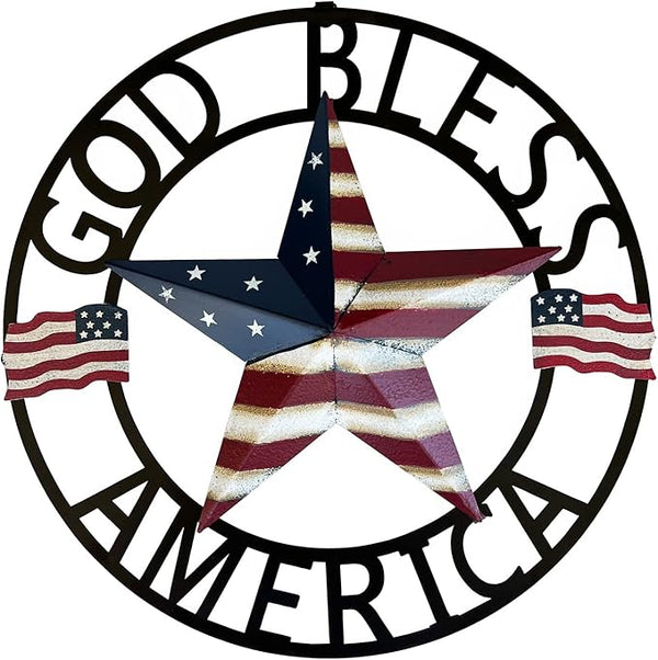 Metal Hanging Rustic Star Welcome Door Wreath,13''x13'',Vintage American Flag Patriotic Decor 4th of July Front Door Wreaths Hanger Garden Welcome Sign Indoor Outdoor Decorations for All Seasons
