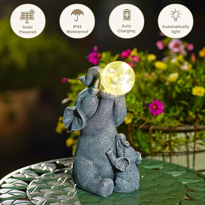 Solar Elephants Outdoor Garden Statues: Outside Decor with Lights Clearance for Yard Art Lawn Ornaments Porch Patio Balcony Home House - Birthday Gifts for Grandma Mom Women
