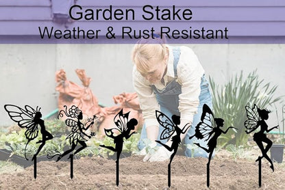Garden Stake Metal Outdoor Decoration - Fairy With Magic Garden Stakes Outdoor Garden Decor Fairy Art Lawn Garden Silhouette Black Fairy Silhouette Stake for Yards, Gardens Spring Decor - Set of 2