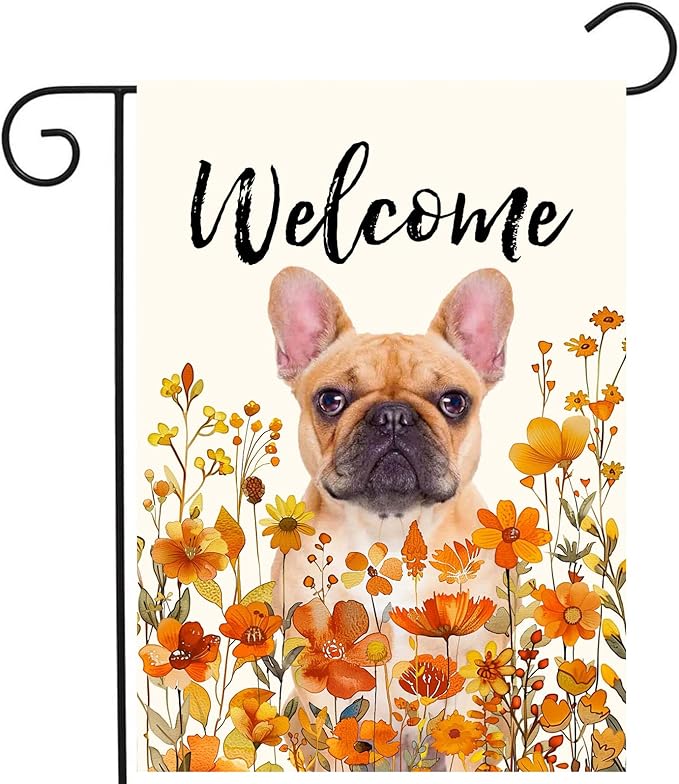 French Bulldog Fall Garden Flag Autumn Dog Yard Sign Orange Floral Thanksgiving Outdoor Banners for Outside 12x18 Double Sided Small Wild Flower Lawn Decorations