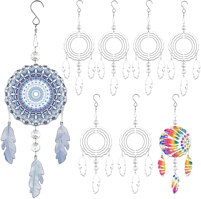 8Pack 4inch Sublimation Wind Spinner Blanks 3D Aluminum Metal Wind Sculpture Kinetic Spinners for Yard and Garden Indoor Art Ornaments Hanging Decoration (Dream Catcher)