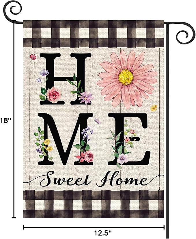 ORTIGIA Spring Summer Daisy Garden Flag Burlap Double Sided Home Sweet Home Floral Flower Small Flag Farmhouse Buffalo Plaid Floral Yard Lawn Patio Outside Outdoor Seasonal 12.5x18 Inch