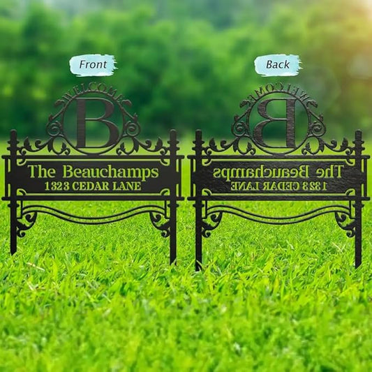 Personalized House Signs for Outside Metal Garden Stake Gift for Family - Custom Family's Name Address Signs for Yard Classic Black - Welcome Home Yard Decorations - Monogram Custom Yard Sign