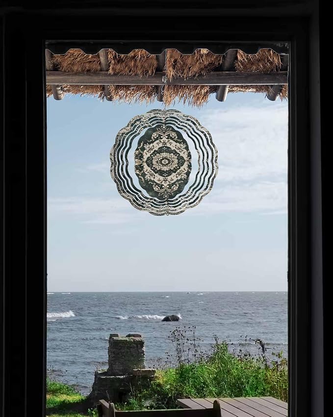 Stainless Steel Wind Spinner for Yard Garden Decoration, Dark Green Ethnic Beige Floral Retro Print Round Wind Sculpture Spinner 3D Crafts Hanging Ornaments for Indoor Outdoor, 8 Inch