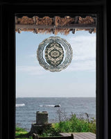 Stainless Steel Wind Spinner for Yard Garden Decoration, Dark Green Ethnic Beige Floral Retro Print Round Wind Sculpture Spinner 3D Crafts Hanging Ornaments for Indoor Outdoor, 8 Inch