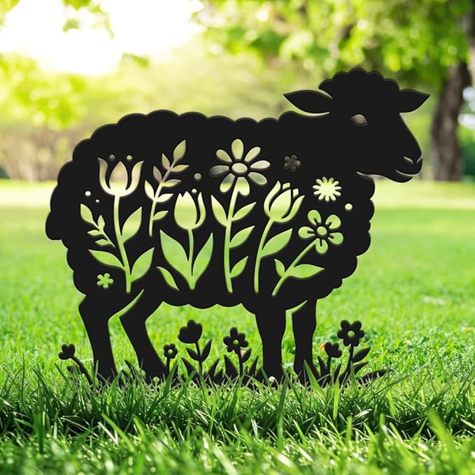 SUPERDANT 1Pc Large Metal Sheep Lawn Ornament Decorative Garden Yard Stakes Sign Black Iron Flower Cutout Animal Silhouette For Outside Farm Pathway Farmhouse Decoration Gift