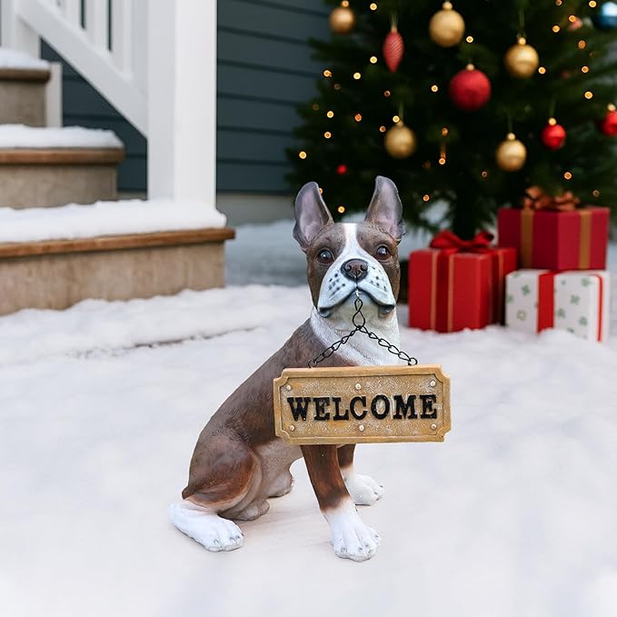 French Bulldog Garden Statue with Solar Lantern & Welcome Sign, 13.8" Realistic Dog Outdoor Decor, Waterproof Resin Animal Lawn Ornament for Patio, Yard, Porch and Housewarming Gift