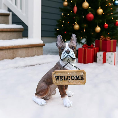 French Bulldog Garden Statue with Solar Lantern & Welcome Sign, 13.8" Realistic Dog Outdoor Decor, Waterproof Resin Animal Lawn Ornament for Patio, Yard, Porch and Housewarming Gift