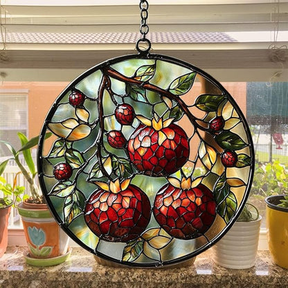Cottage Pomegranate Acrylic Suncatcher Stained Glass Effect Window Car Hanging Christmas Ornament Indoor Outdoor Decor Garden Sun Catcher Panel for Acrylic Suncatcher Lover for Women Mom Grandma