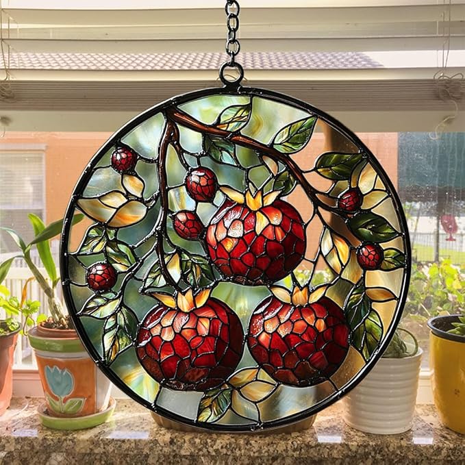 Cottage Pomegranate Acrylic Suncatcher Stained Glass Effect Window Car Hanging Christmas Ornament Indoor Outdoor Decor Garden Sun Catcher Panel for Acrylic Suncatcher Lover for Women Mom Grandma