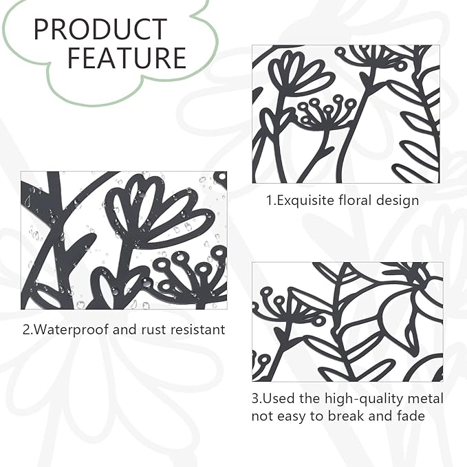 OYEFLY 3 Pcs Metal Flower Wall Decor,Farmhouse Flower Art (Black)