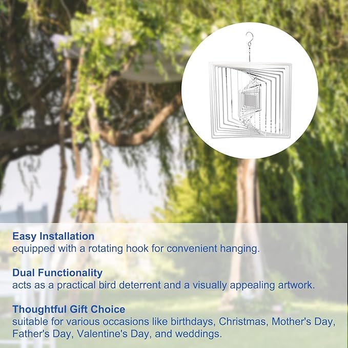 HARFINGTON Wind Spinner Square 9.84" x 13.39" Stainless Steel Reflectors Wind Chimes for Outdoor Devices Metal Decorations Keep Birds Away Yard Garden, Silver Tone