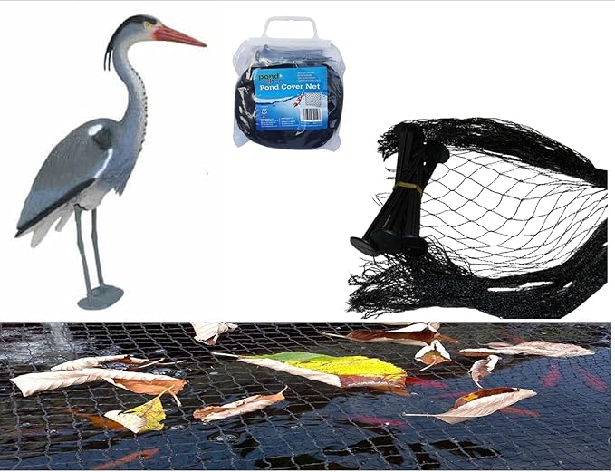 Medium Water Garden Koi Fish Pond Heron Defense Kit, Includes Heron Decoy and Pond Cover Netting, Protects Koi Fish from Blue Heron Birds, Cats & Predators – Reusable & Stakes Included