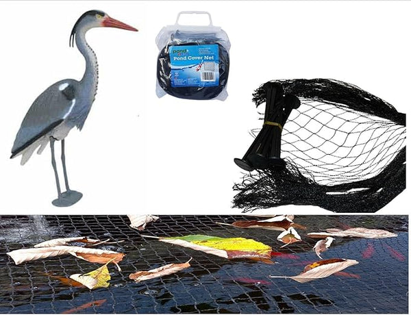 Medium Water Garden Koi Fish Pond Heron Defense Kit, Includes Heron Decoy and Pond Cover Netting, Protects Koi Fish from Blue Heron Birds, Cats & Predators – Reusable & Stakes Included