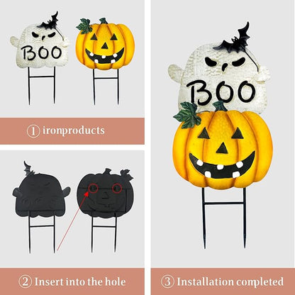 Metal Halloween Yard Stakes, Halloween Decorations Outdoor with Ghost Pumpkin, Jack-o-Lantern Stacked Garden Stakes Lawn Gift for Party Pathway Porch Patio Decor, 25“
