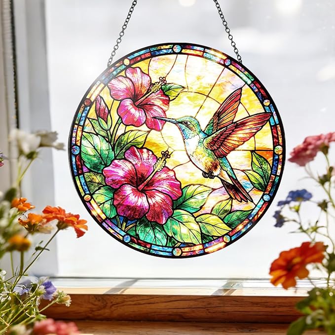 Hummingbird Stained Glass Window Hanging – Round Floral Suncatcher with Chain, Colorful Glass Ornament for Living Room Home Garden Decor Gift, 8 Inch