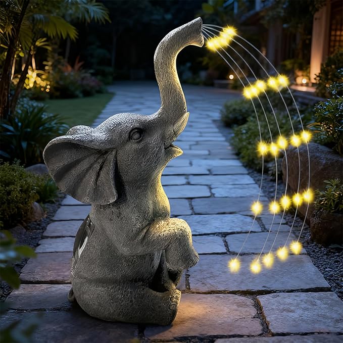 Solar Garden Decor Elephant Statue with LED String Lights, Waterproof Outdoor Decorative Elephant Figurine, Gardening Gifts for Women Mom Grandma, Unique Yard Art for Patio, Balcony, Lawn