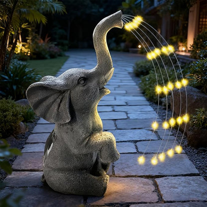 Solar Garden Decor Elephant Statue with LED String Lights, Waterproof Outdoor Decorative Elephant Figurine, Gardening Gifts for Women Mom Grandma, Unique Yard Art for Patio, Balcony, Lawn