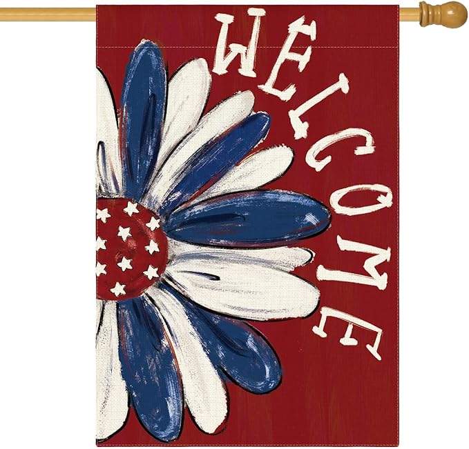 AVOIN colorlife Patriotic 4th of July House Flag 28x40 Inch Double Sided Outside, Memorial Day Red Floral Welcome Daisy Yard Outdoor Decoration