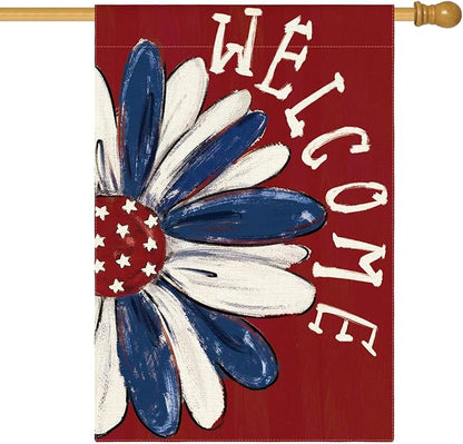AVOIN colorlife Patriotic 4th of July House Flag 28x40 Inch Double Sided Outside, Memorial Day Red Floral Welcome Daisy Yard Outdoor Decoration