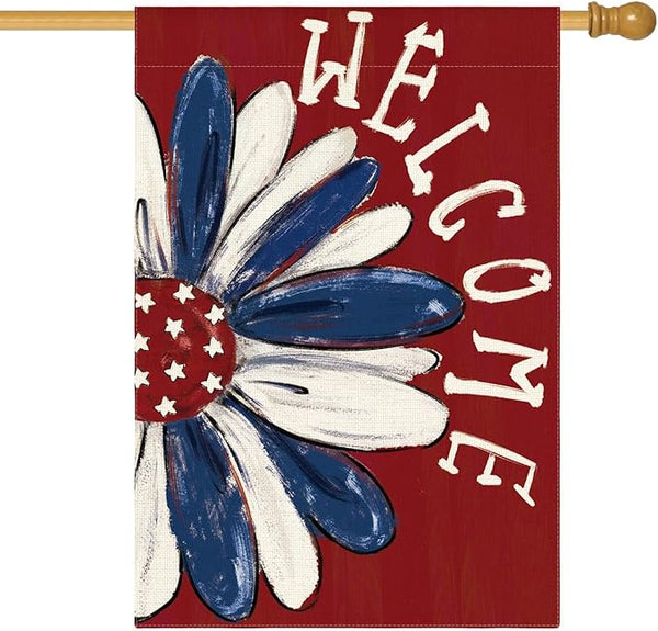 AVOIN colorlife Patriotic 4th of July House Flag 28x40 Inch Double Sided Outside, Memorial Day Red Floral Welcome Daisy Yard Outdoor Decoration